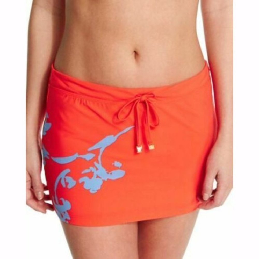 Tory Burch Coral Orange Swim Coverup Skirt with Light Blue Floral